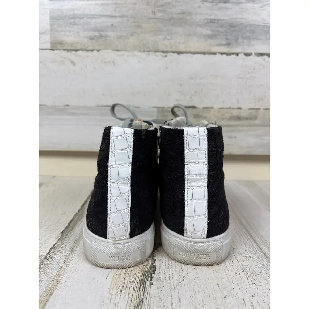P448 Womens 10 Black Metallic Leather High Top Gold Lace Up Casual Sneakers